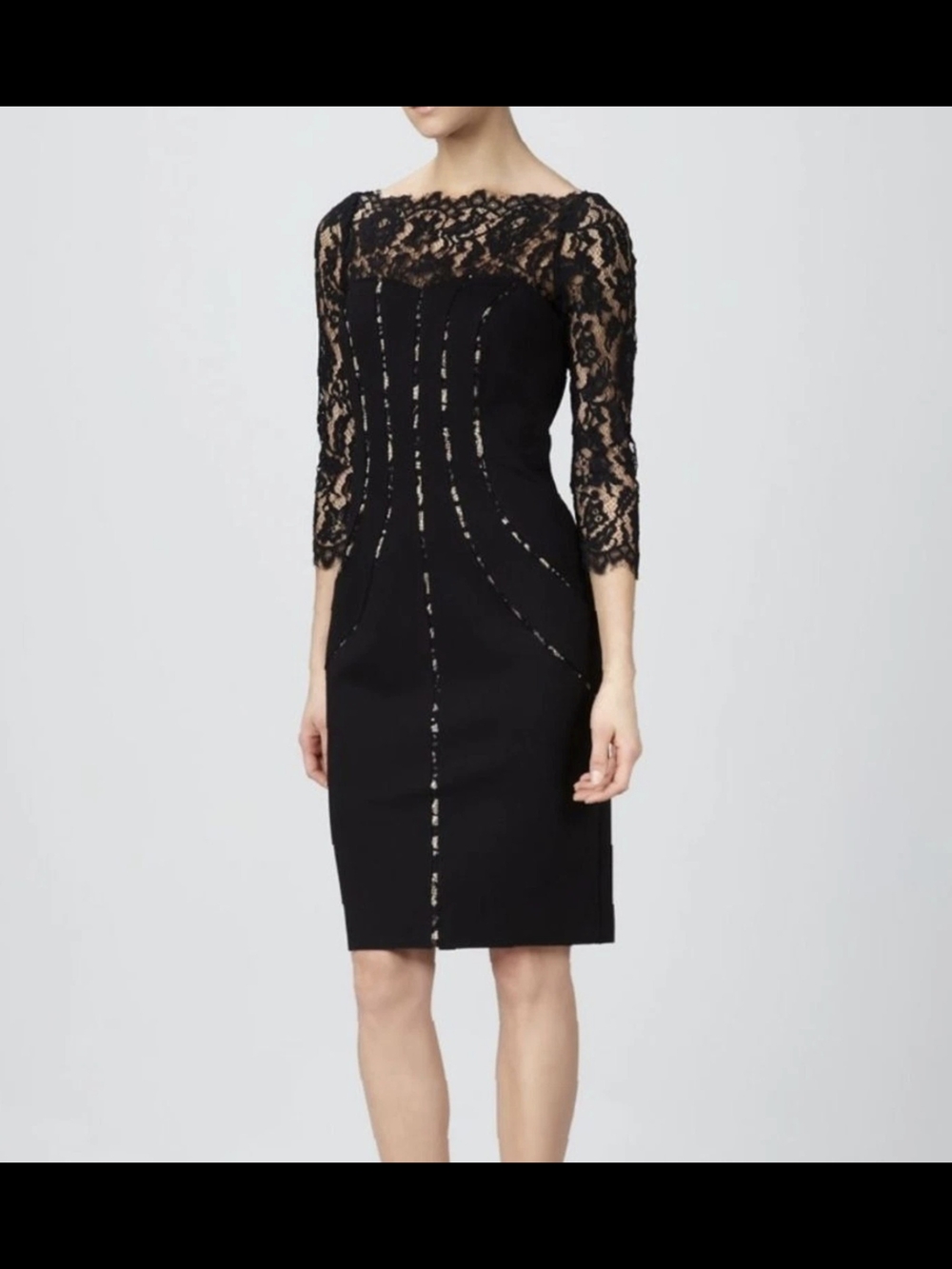 Aidan Mattox Black Lace Yoke 3/4 Sleeve Sheath Dress